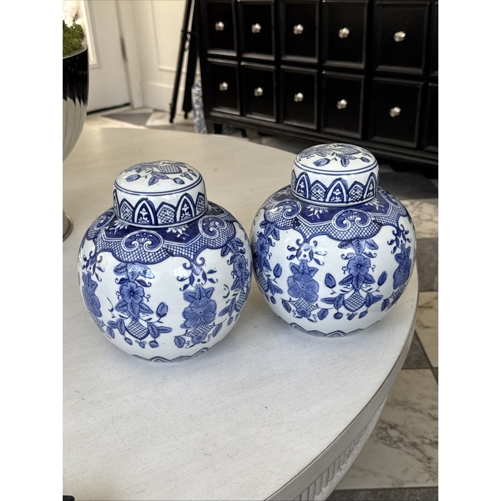 (2) Beautiful-Blue & White-Porcelain Chinese GINGER JARS-Chinoiserie-8.5"H